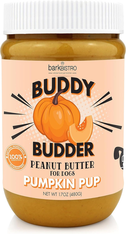 Pumpkin Pup Buddy BUDDER, 100% Natural Dog Peanut Butter, Healthy Peanut Butter Dog Treats, Made in USA, (17Oz Jars)