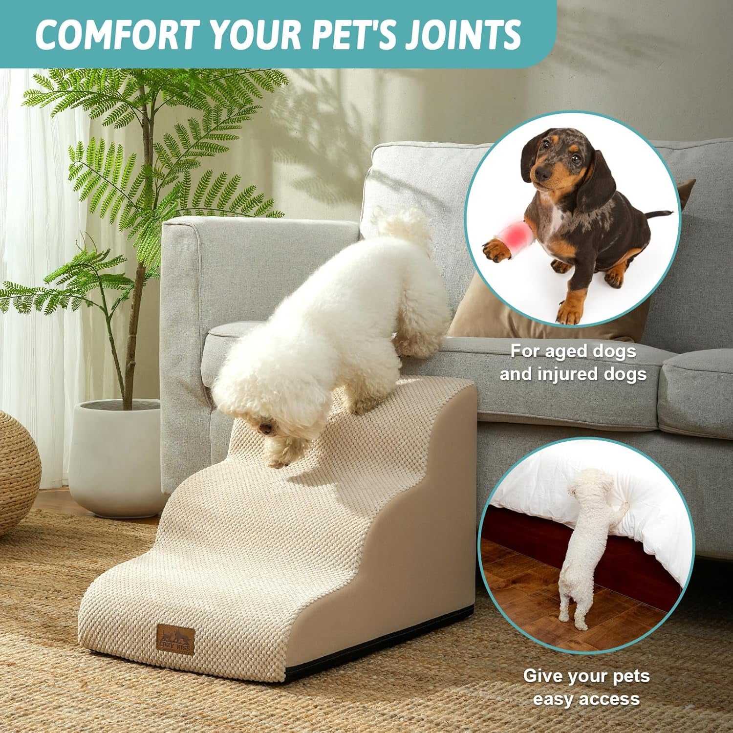 COZY KISS Dog Stairs for Small Dogs 15.7" H, Curved Dog Step for Puppy, Older Cat, Medium Pet Ramp for Sofa, Couch or Chair, Ladder with High Density Foam, 3 Step, 15.7X22.4X15.7 Inch, Beige