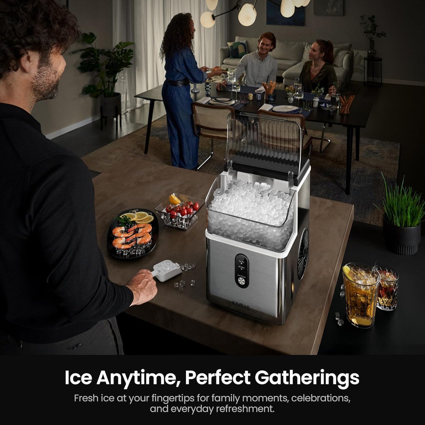 Kismile Nugget Ice Makers Countertop,Portable Ice Machine with Crushed Ice, 35Lbs/Day,Self-Cleaning,One-Click Operation for Home Use(Silver)