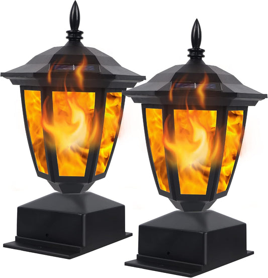 Dynaming Solar Flame Post Lights Outdoor, Solar Powered Lamps Fence Post Cap Lights, Flickering Flame LED Lantern Decorative Waterproof for Garden Deck Patio, Fit 4X4, 5X5 or 6X6 Wooden Posts, 2 Pack