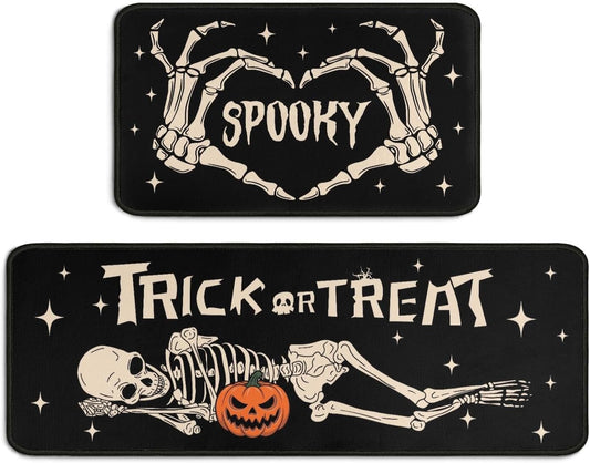 2 Piece Halloween Kitchen Decor Rugs Set,Skeleton Kitchen Rugs and Mats Non Skid Washable Absorbent Kitchen Accessories Decoration Floor Mats 17"X47"+17"X30"