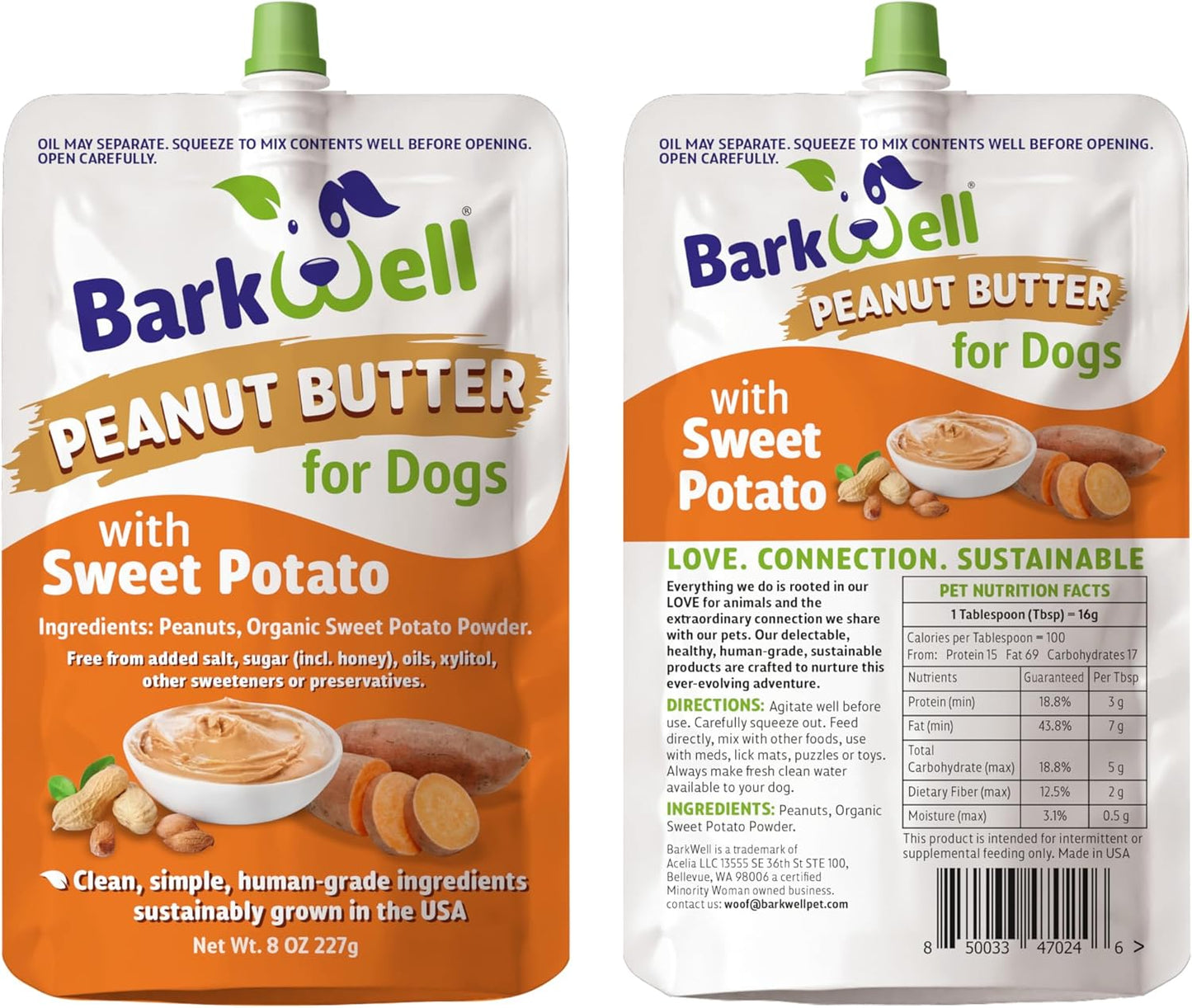 Barkwell Peanut Butter Squeeze - 8Oz Pouch Sweet Potato All-Natural Dog Peanut Butter, Sourced and Made in the USA