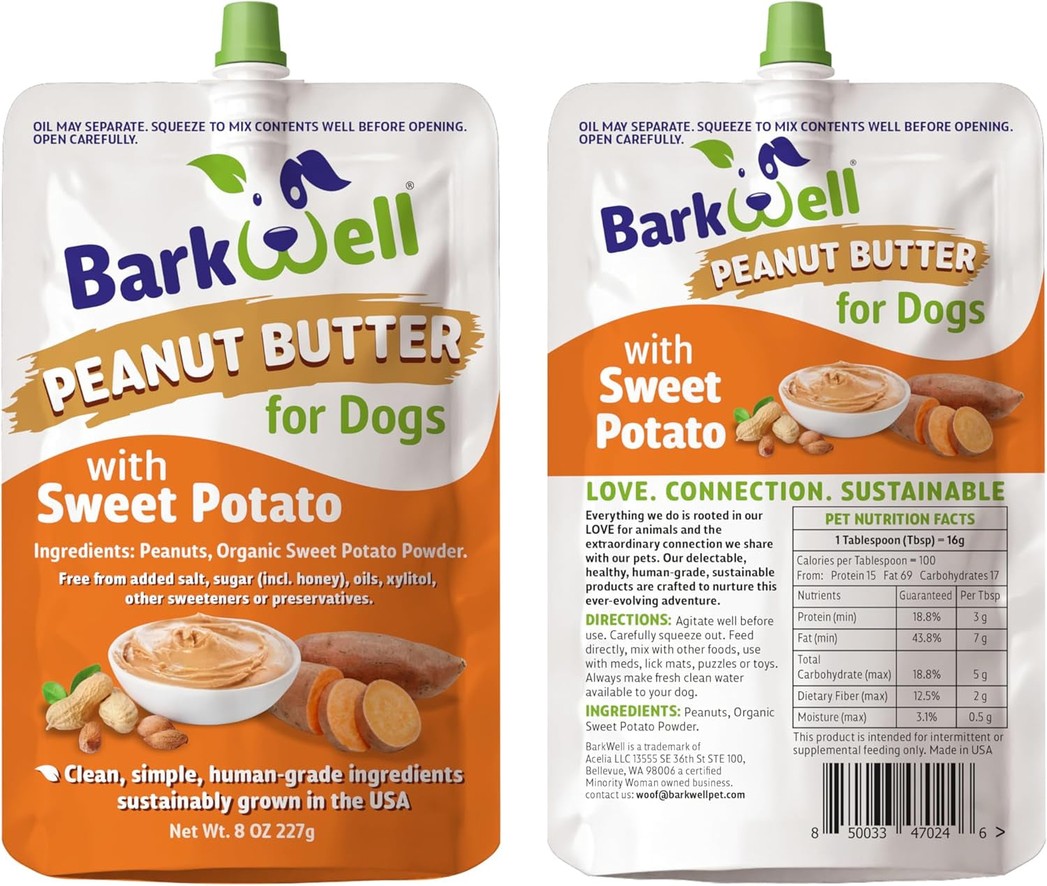 Barkwell Peanut Butter Squeeze - 8Oz Pouch Sweet Potato All-Natural Dog Peanut Butter, Sourced and Made in the USA