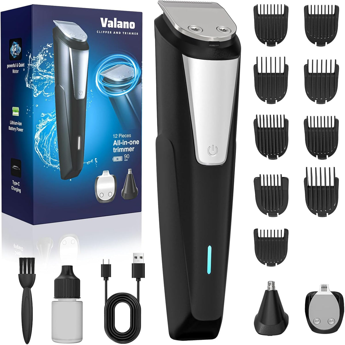 Valano Beard Trimmer Hair Clippers for Men All-In-One Self-Sharpening Electric Men'S Cordless Rechargeable Mustache Grooming Kit Gift for Ear Nose Body Public