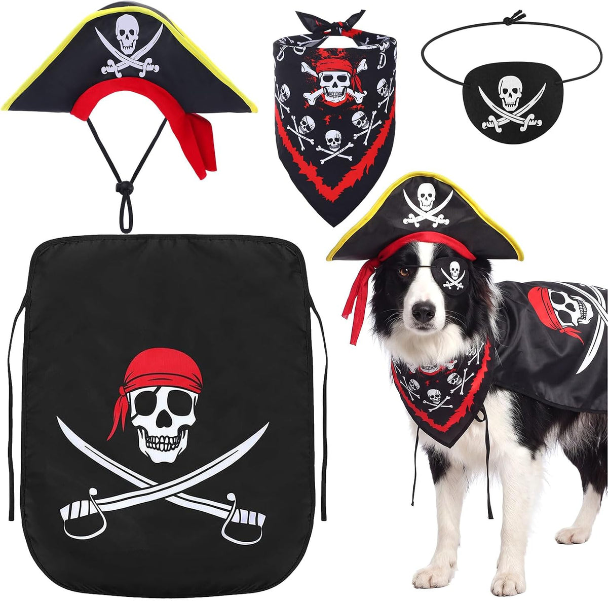 Huhumy 4 Pcs Dog Pirate Costume Hat Cape Bandana, Black, Large