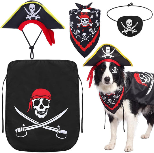 Huhumy 4 Pcs Dog Pirate Costume Hat Cape Bandana, Black, Large