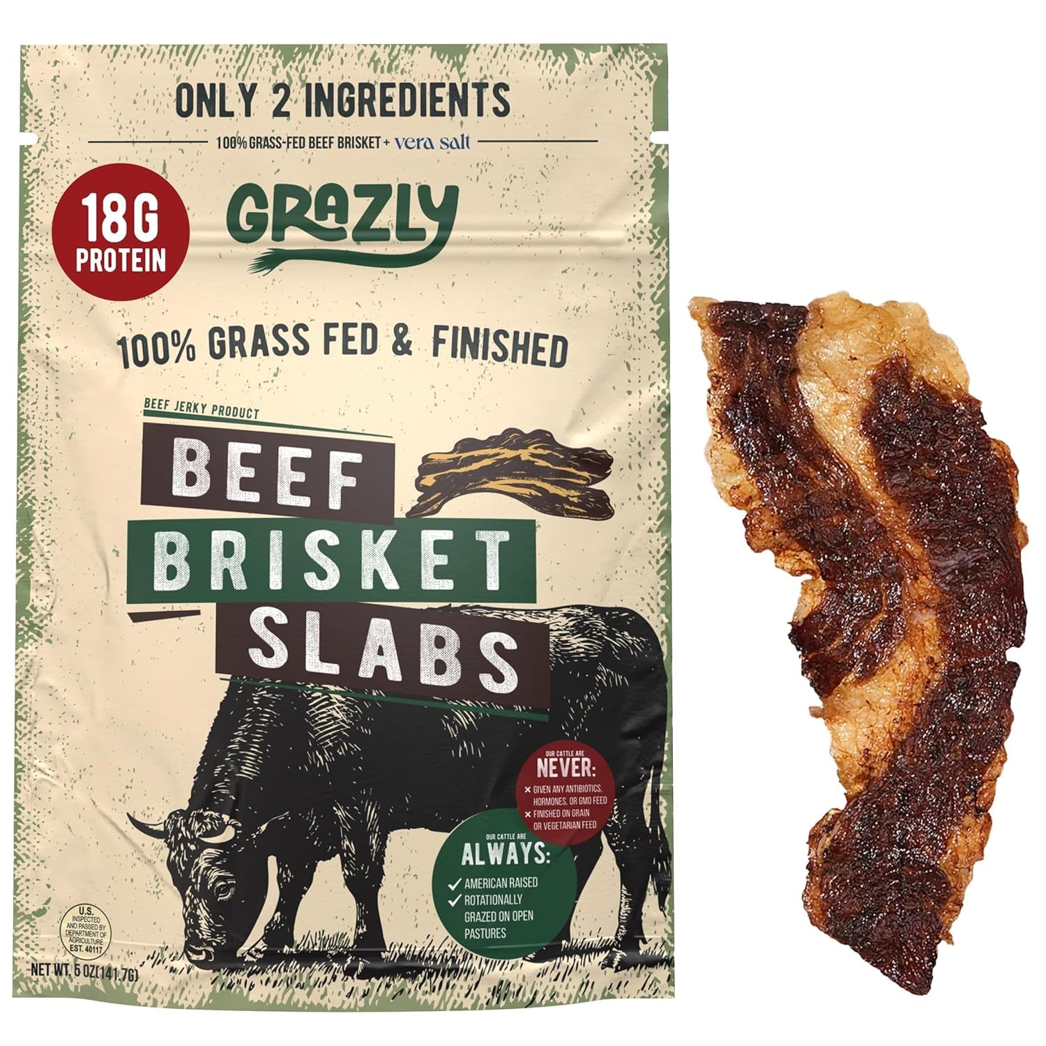 Grazly Beef Brisket Slab – Steakhouse Quality | Grass-Fed & Finished | Only Meat & Salt, Soft & Buttery Texture | High-Protein Carnivore Snack | Made from 1Lb Raw Brisket | 5Oz On-The-Go Snack Pack