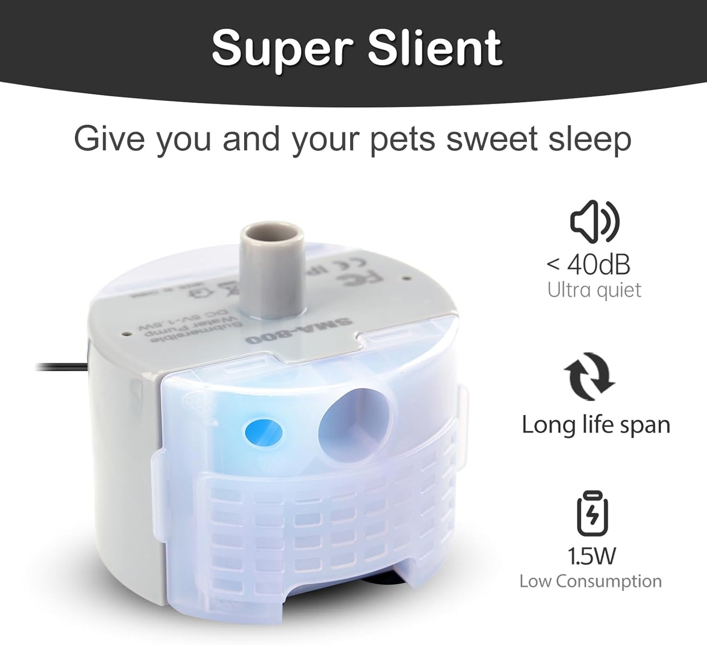 Cat Water Fountain Pump, Pet Water Fountain Replacement Pump SMA-800 Submersible Motor for Stainless Steel Indoor Cat Fountain Pump Replacement(Bottom Pumping)