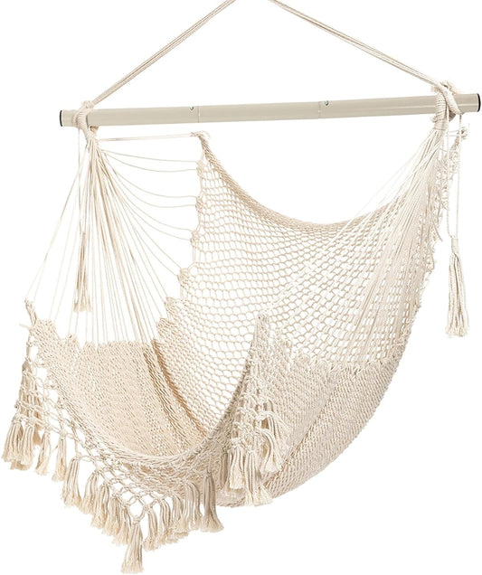 Hammock Chair，Max 330Lbs, Large Hanging Chair, Soft Cotton Rope Swing Chair with High Load-Bearing Metal Rod,Indoor Outdoor Garden Yard Living Room Use Beige