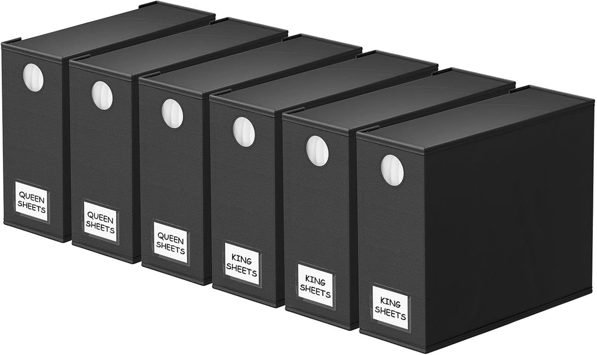 Spaceaid 6 Pack Bed Sheet Organizer and Storage, Foldable Sheet Organizer with Window for Linen Closet, Set Folder Keeper for Queen & King Size Bedding Storage (Black)