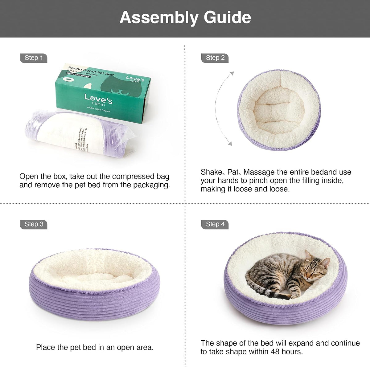 Love'S Cabin round Donut Cat and Dog Cushion Bed, 20In Pet Bed for Cats or Small Dogs, Anti-Slip & Water-Resistant Bottom, Soft Durable Fabric Pet Beds, Washable Luxury Cat Dog Bed Lavender Stripe