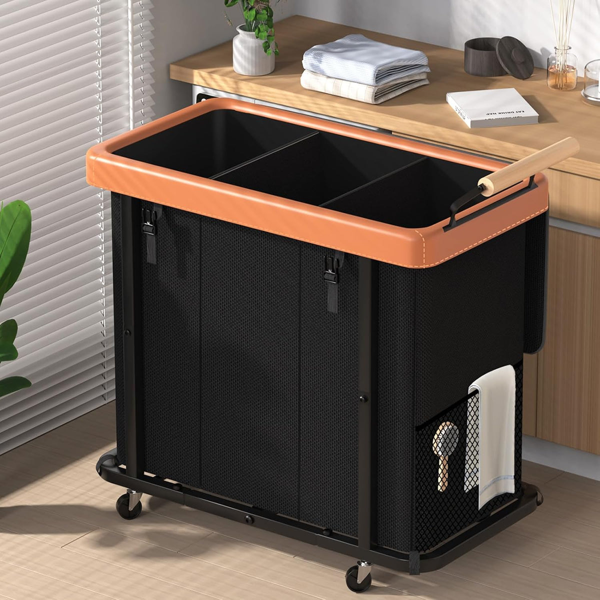 Rolling Laundry Hamper with Wheels, Laundry Hamper 3 Section with Lid Black