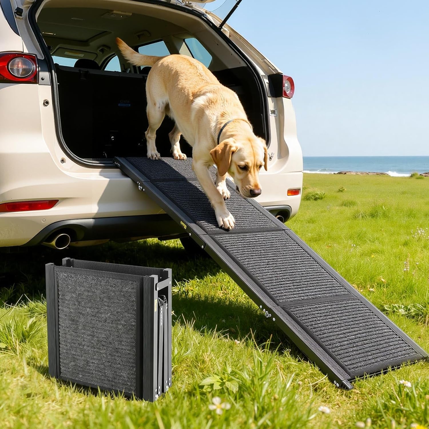 VEVOR Dog Ramp for Cars, 63" L X 17" W, Folding Pet Ramps for Medium & Large Dogs up to 250Lbs, Pet Stair Ramp with Non-Slip Felt Rug Surface, Portable Outdoor Dog Car Ramps for SUV & Truck