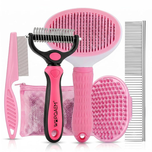 5-In-1 Dog Grooming Kit with Self Cleaning Brush & Rake, Pink