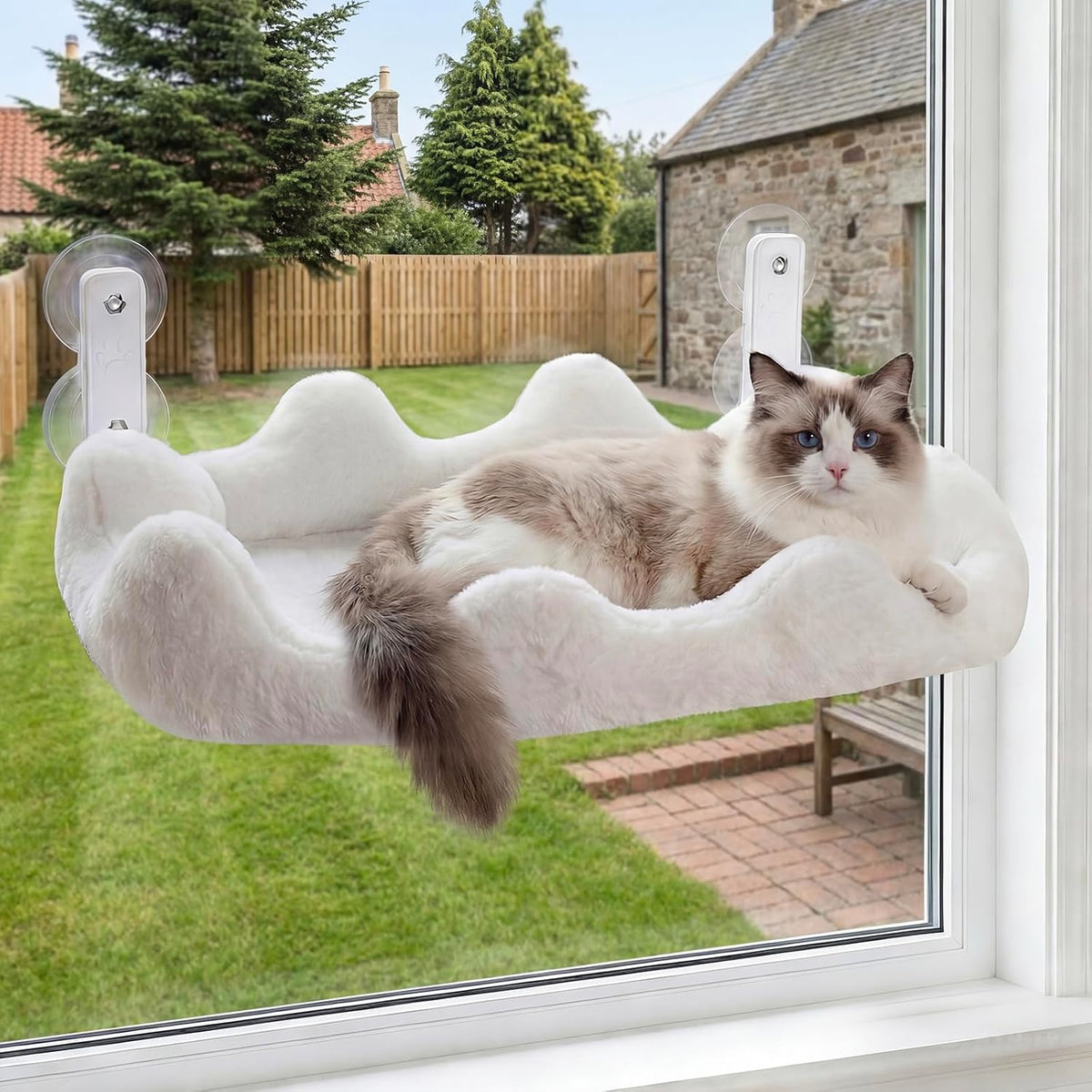 Homegroove Cat Window Perch, 24 X 12 Inch Foldable Cat Hammock for Window with 4-Sided Bolster & 4 Large Suction, Cloud Shape Cordless Window Bed for Indoor Cats (White, Large(24'' X 12''))
