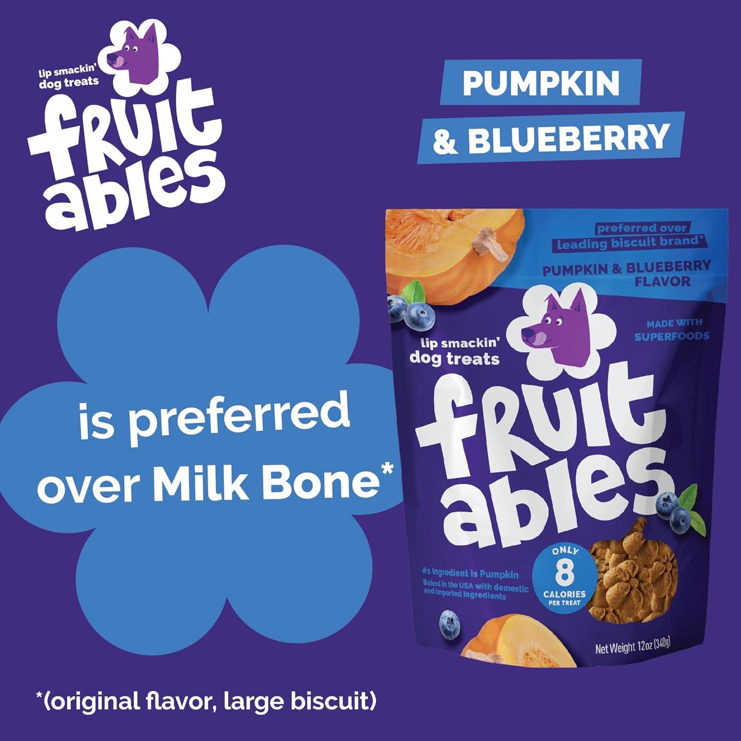 Fruitables Baked Dog Treats, Healthy Pumpkin Treat for Dogs, Low Calorie & Delicious, No Wheat, Corn or Soy, Made in the USA, Pumpkin and Blueberry Flavor, 12Oz