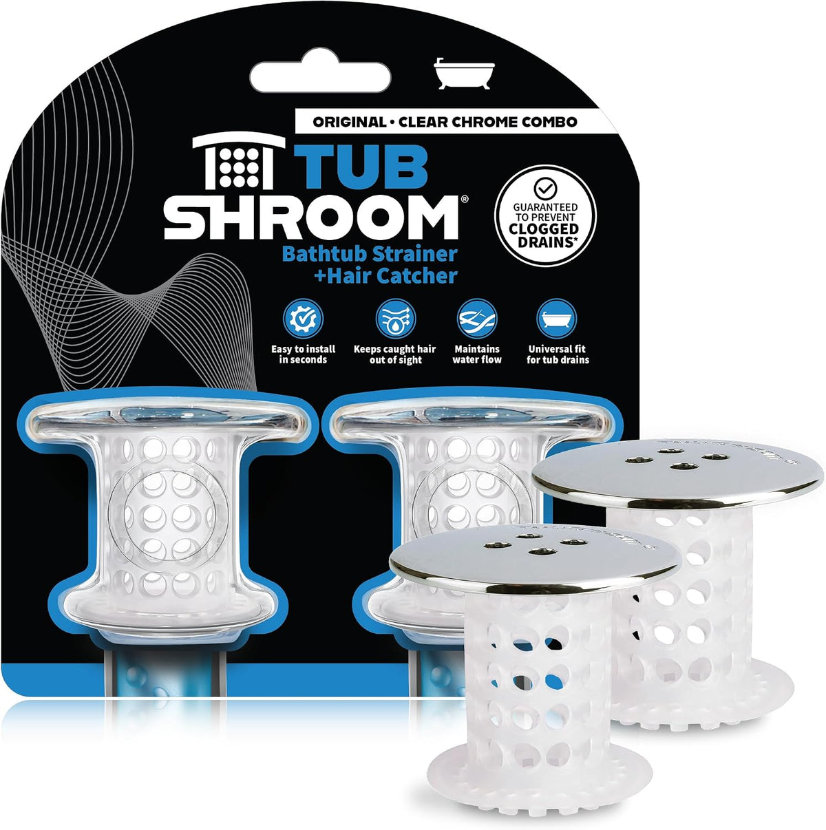 Tubshroom Bathtub Drain Protector and Hair Catcher - 2 Pack, Chrome - Fits 1.5" - 1.75" Bathtub and Shower Drains