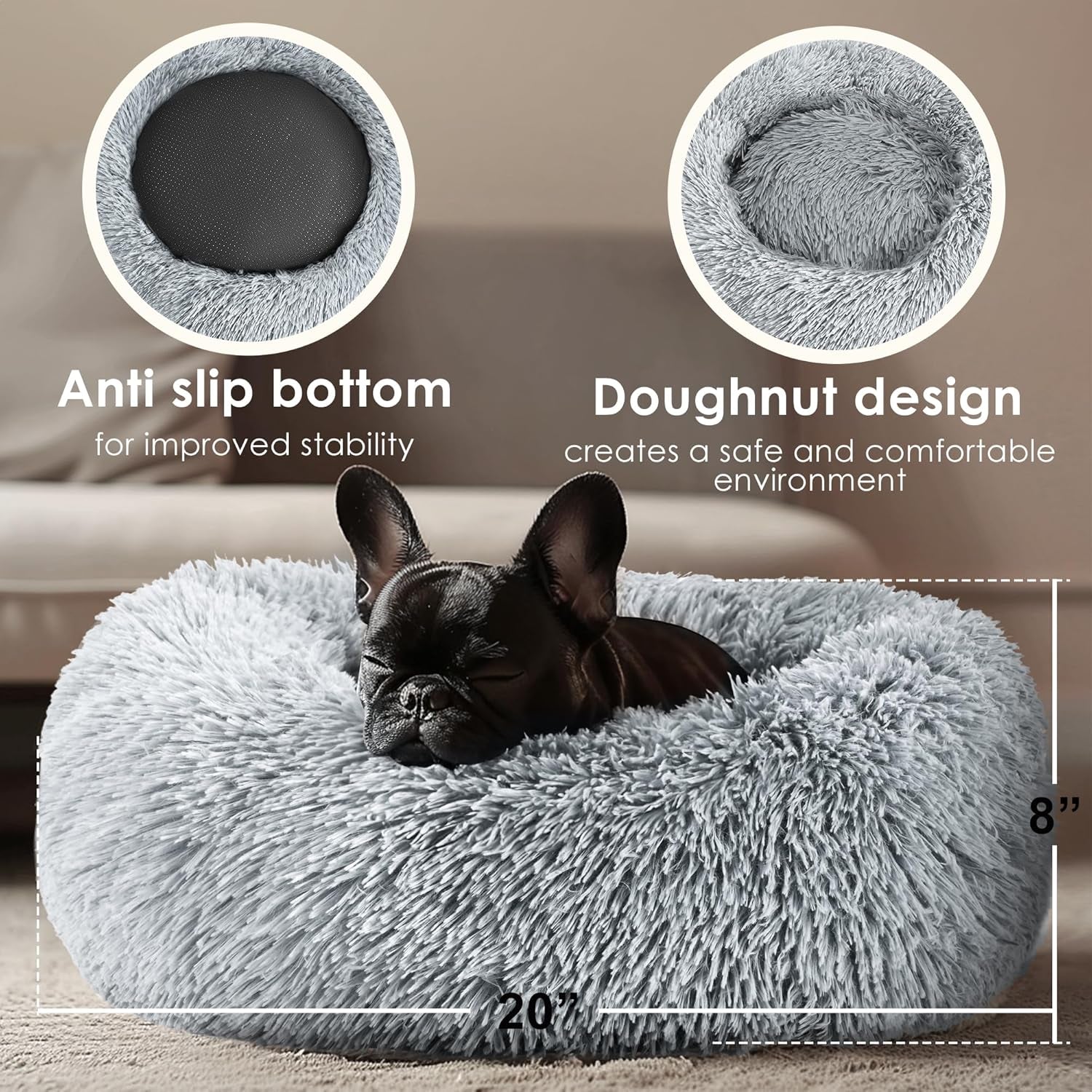 Hoewina Dog & Cat Bed for Indoor Cats, 20In Calming Donut Bed for Puppy and Kitten, Washable round Fluffy Pet Bed for Small Medium Dogs and Cats (Light Grey)