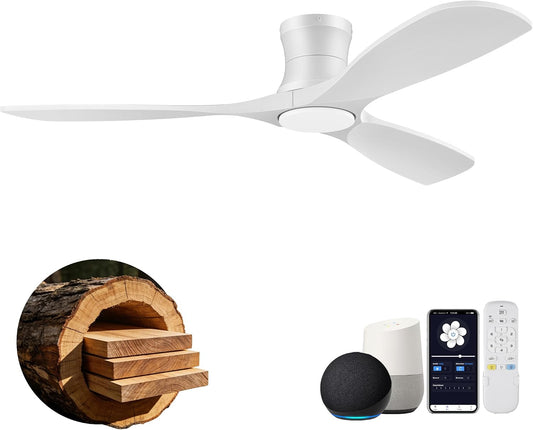 52” Smart Low Profile Ceiling Fans with Light Remote,Wood,Flush Mount,White