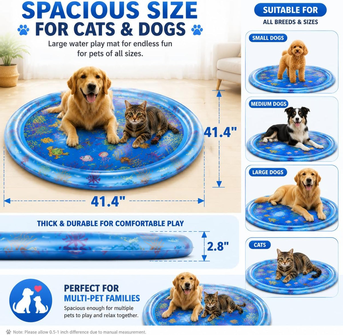 Cat Water Mat for Indoor Cats, Pet Water Sensory Play Mat for Cats & Dogs, Interactive Water Toy Mat with Durable PVC, Summer Activity Mat for Pets, Indoor Outdoor Use, 41.4 X 41.4 X 2.8 Inches