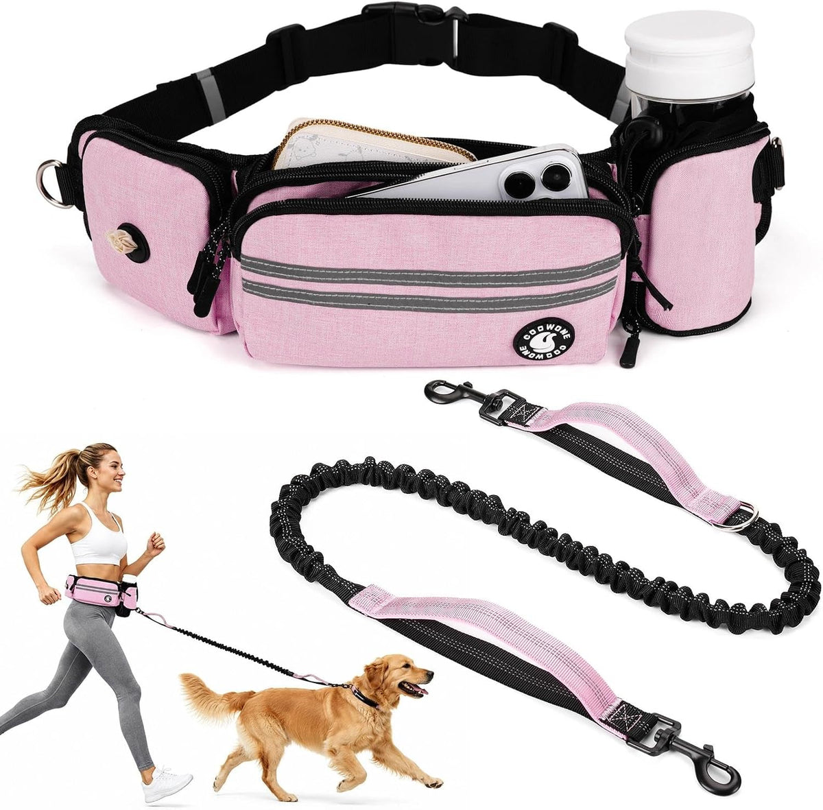 Hands Free Dog Leash with Dog Walking Fanny Pack, Pink