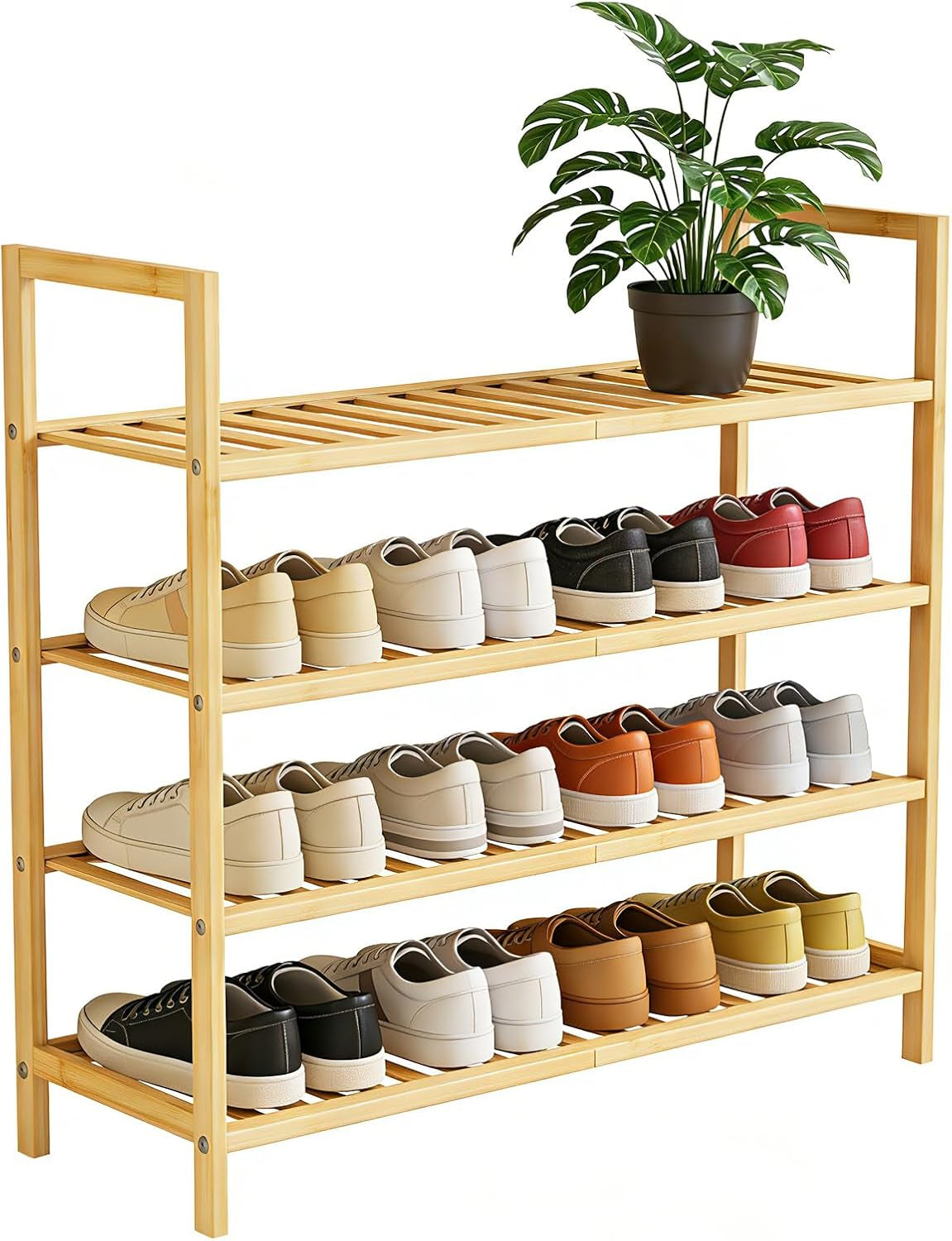 4 Tier Bamboo Wooden Shoe Rack for Closet & Entryway, Free Standing Shoe Rack Stand Organizer Shelf for Garage, Bedroom, Small Space Storage, Stackable