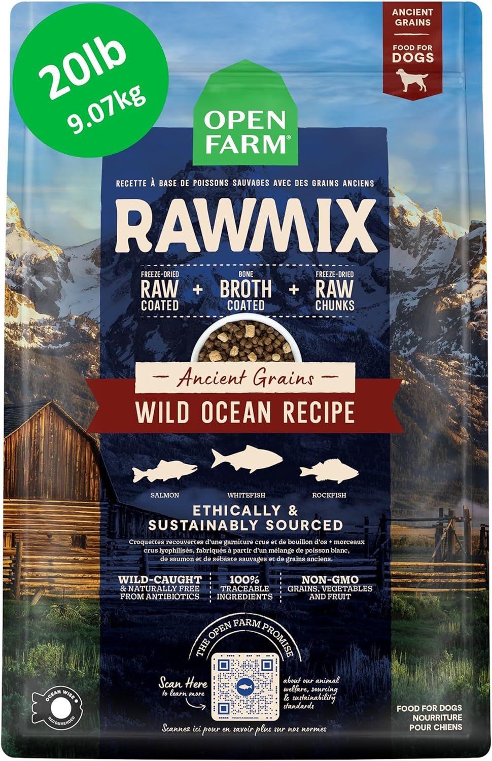 Open Farm, Rawmix Dry Dog Food with Ancient Grains, Protein-Packed Kibble Coated in Bone Broth with Freeze Dried Raw Chunks, Salmon Whitefish & Rockfish, Wild Ocean Recipe, 20Lb Bag