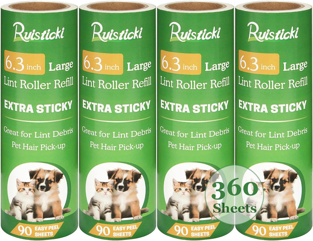 6.3 Inch Lint Roller Refills Only, Extra Sticky 6.3 Inch Wide Lint Roller Refill Large 6.3'' Sticky Roller Replacement Rolls, Pack of 4 Refills, 90 Sheets per Refill, 360 Sheets Total