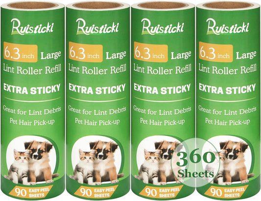 6.3 Inch Lint Roller Refills Only, Extra Sticky 6.3 Inch Wide Lint Roller Refill Large 6.3'' Sticky Roller Replacement Rolls, Pack of 4 Refills, 90 Sheets per Refill, 360 Sheets Total