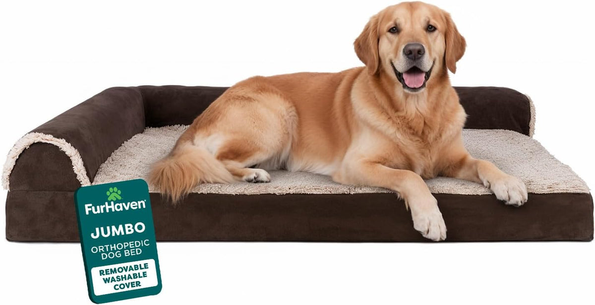 Furhaven Orthopedic Dog Bed for Large Dogs, L-Shaped Chaise Mattress with Orthopedic Egg Crate with a Solid Orthopedic Foam Base for Joint Support, Washable Cover, Jumbo XL, Faux Fur & Suede, Espresso