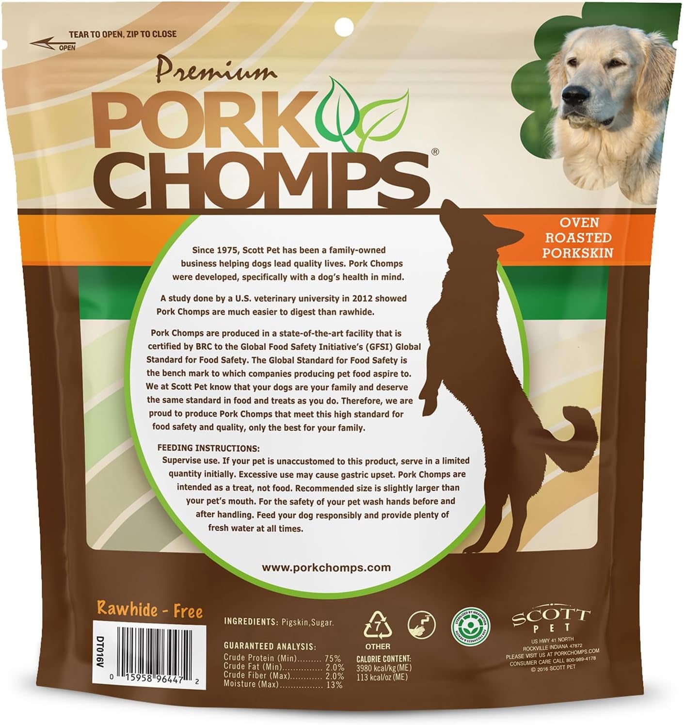Pork Chomps Roasted Pork Skin Dog Chews, 6 Inch Rib Shapes, 10 Count, Pack of 1 - Long-Lasting Treats for Dogs - High Protein, Rawhide-Free, Low Fat, Healthy & Delicious Chews