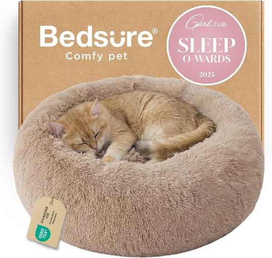 Bedsure Calming Cat Beds Donut round Washable Kitten Bed,20 Inches Camel