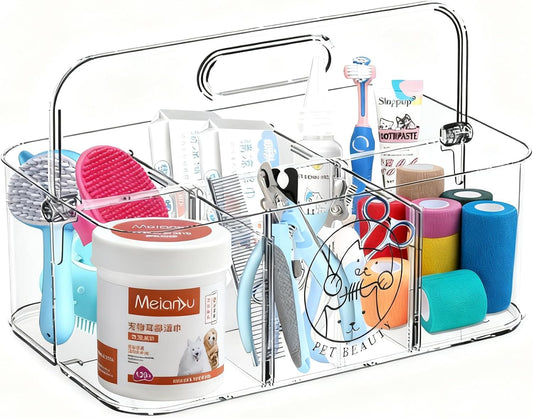 Clear Dog Storage Organizer,Pet Grooming Supplies Organizer with Handle,5 Compartments Countertop Caddy, Storage Bin for Dog Cat Grooming Kit,Trimmer,Clipper,Combo,Brush