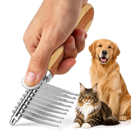 Pet Dematting Comb for Dogs & Cats, 45° Stainless Steel Undercoat Rake Removes Mats, Knots, Tangles & Loose Fur, Grooming Brush for Long & Short Haired Pets, Ergonomic Natural Bamboo Handle