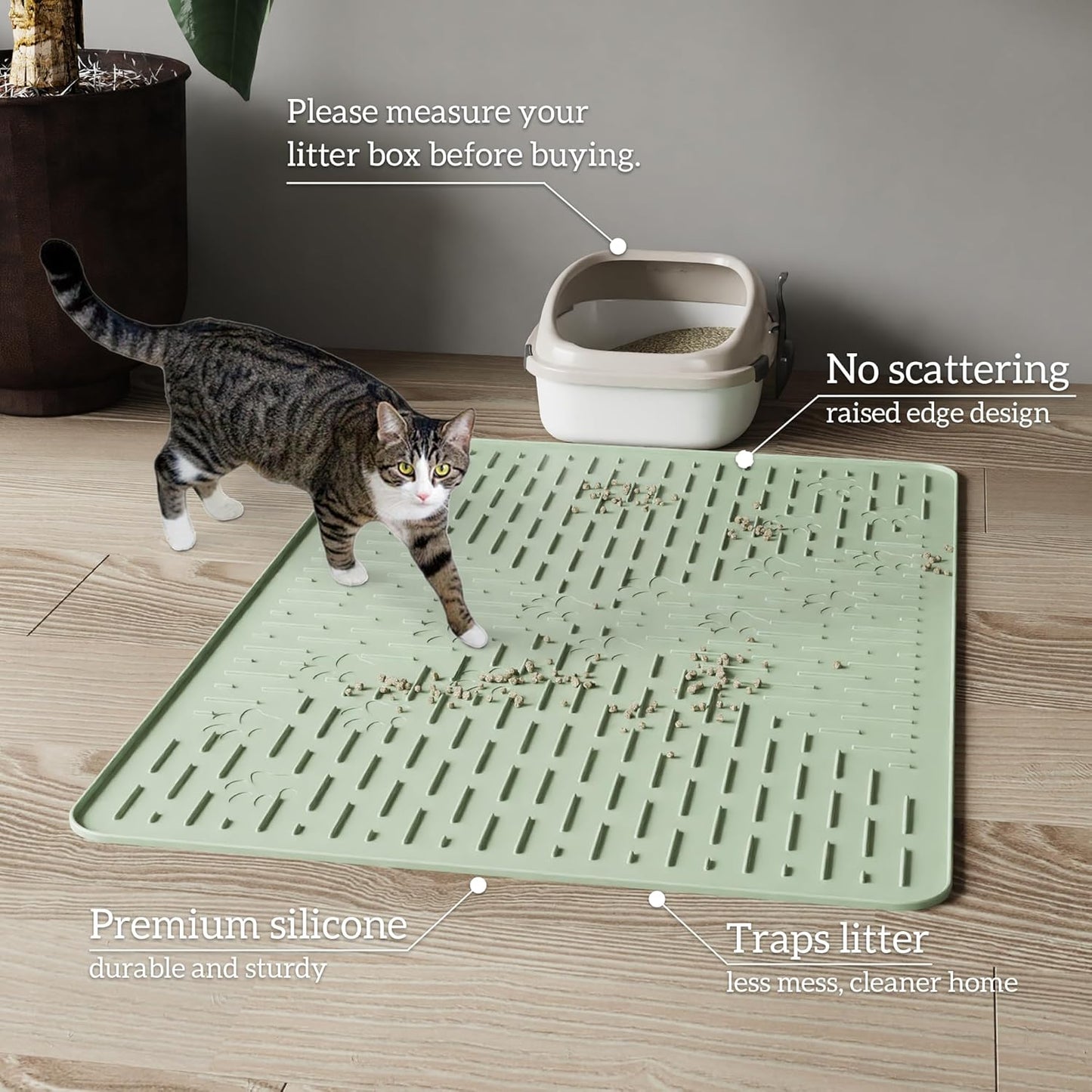 OHMO Cat Litter Mat Large Trapping Mat Premium Silicone Rubber 31.5X23.6 Sage Green, Waterproof and BPA Free Kitty Litter Box Mat, Easy to Clean and Keeps the Floor Tidy