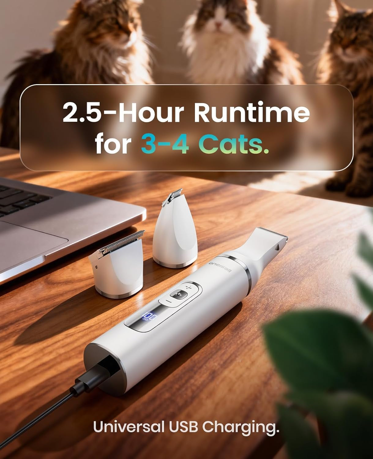 Oneisall Quiet Cat Clippers for Matted Hair, 3 in 1 Cat Grooming Kit with LCD Display, Cat Hair Trimmer for Paw Trimmer, 3 Speed, Cordless, IPX7 Waterproof Pet Clippers for Butt, Paw, Back, Ear, Face