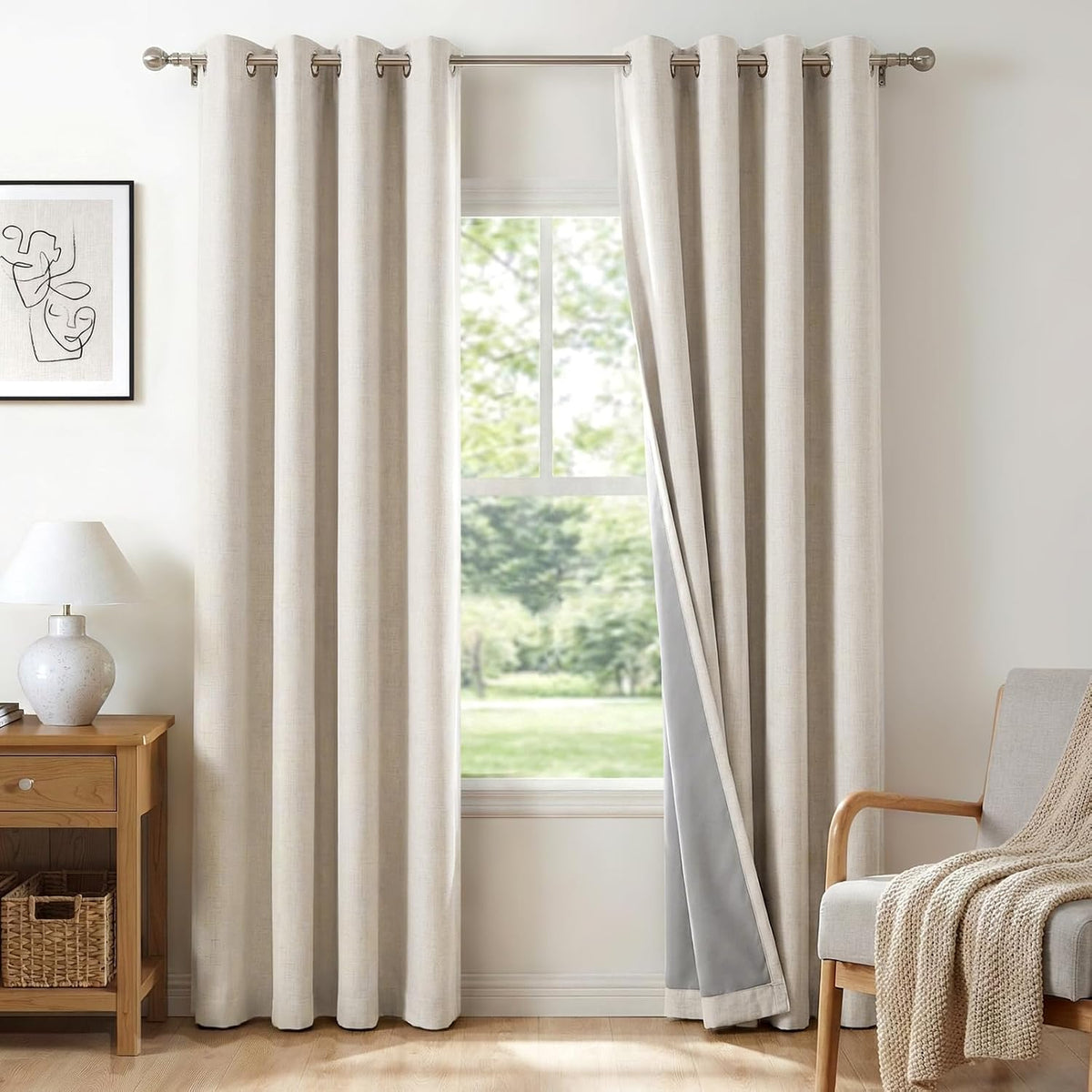 100% Blackout Linen Curtains 84 Inch Long 2 Panels Set, Beige