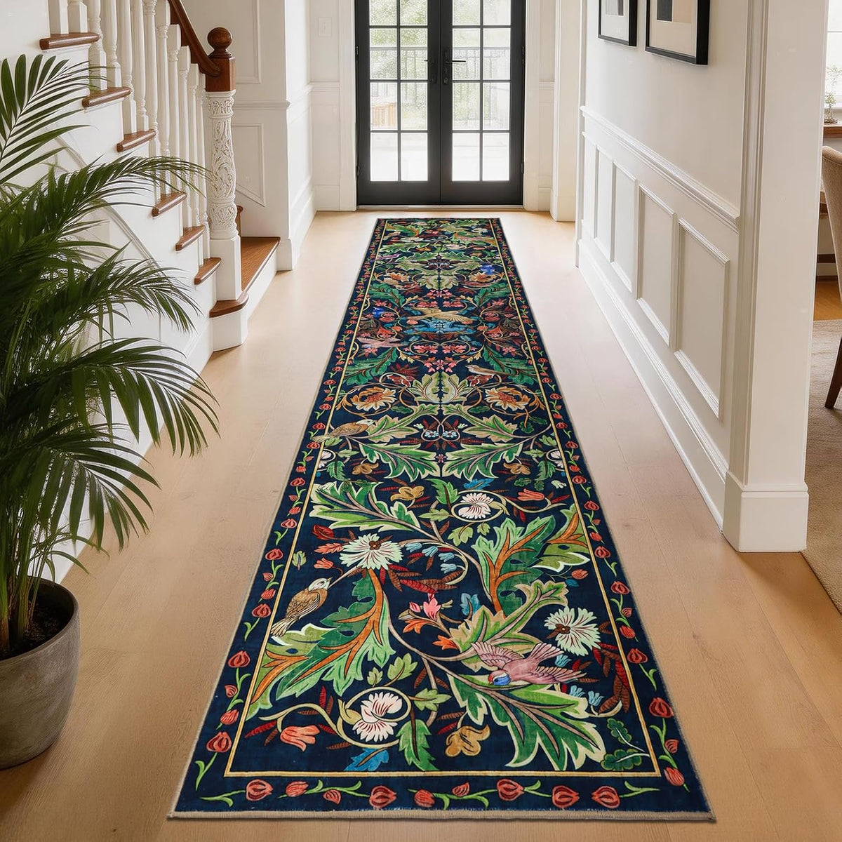 Nesrt 2X10 Botanical Runners for Hallways Kitchen Rug Non Slip, Long Washable Boho Jungle Runner Rugs, Soft Floral Forest Birds Carpet Runner for Hall, Laundry, Bedroom, Bathroom (Dark Green)