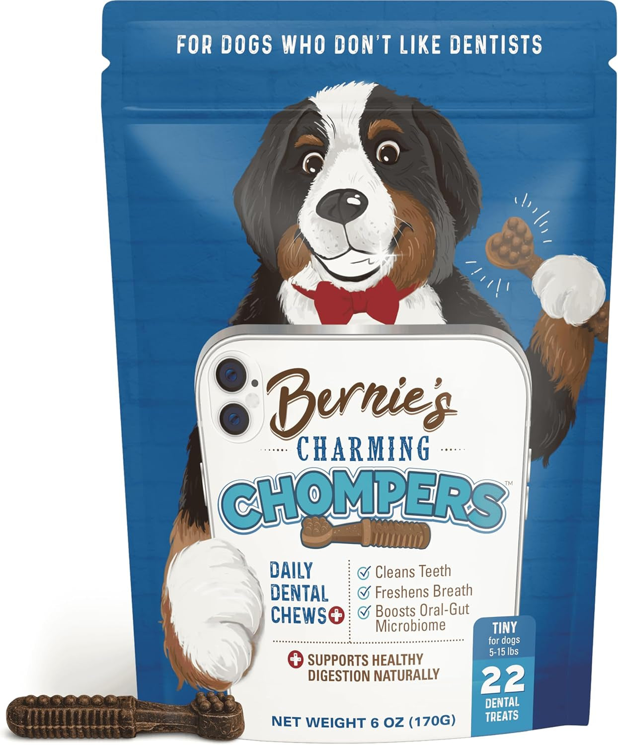 Bernie'S Charming Chompers - Daily Dental Chews for Dogs 5-15 Lbs. - 22 Count - Cleans Teeth, Freshens Breath, + Boosts Oral-Gut Microbiome. Easy to Digest, Supports Healthy Digestion Naturally