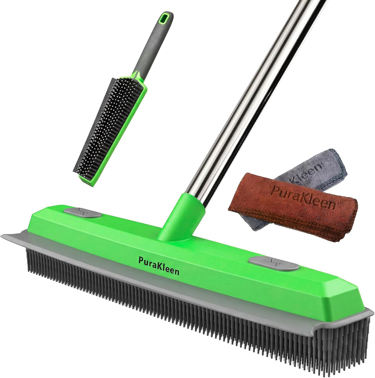 Rubber Broom for Pet Hair —Gets What Your Vacuum Misses,Non-Scratch Carpet Rake 24 "-61 "Adjustable Handle,4-In-1 (Squeegee+Pet Brush+2 Microfiber Cloth),Stairs,Corners, Rugs,Hardwood Green