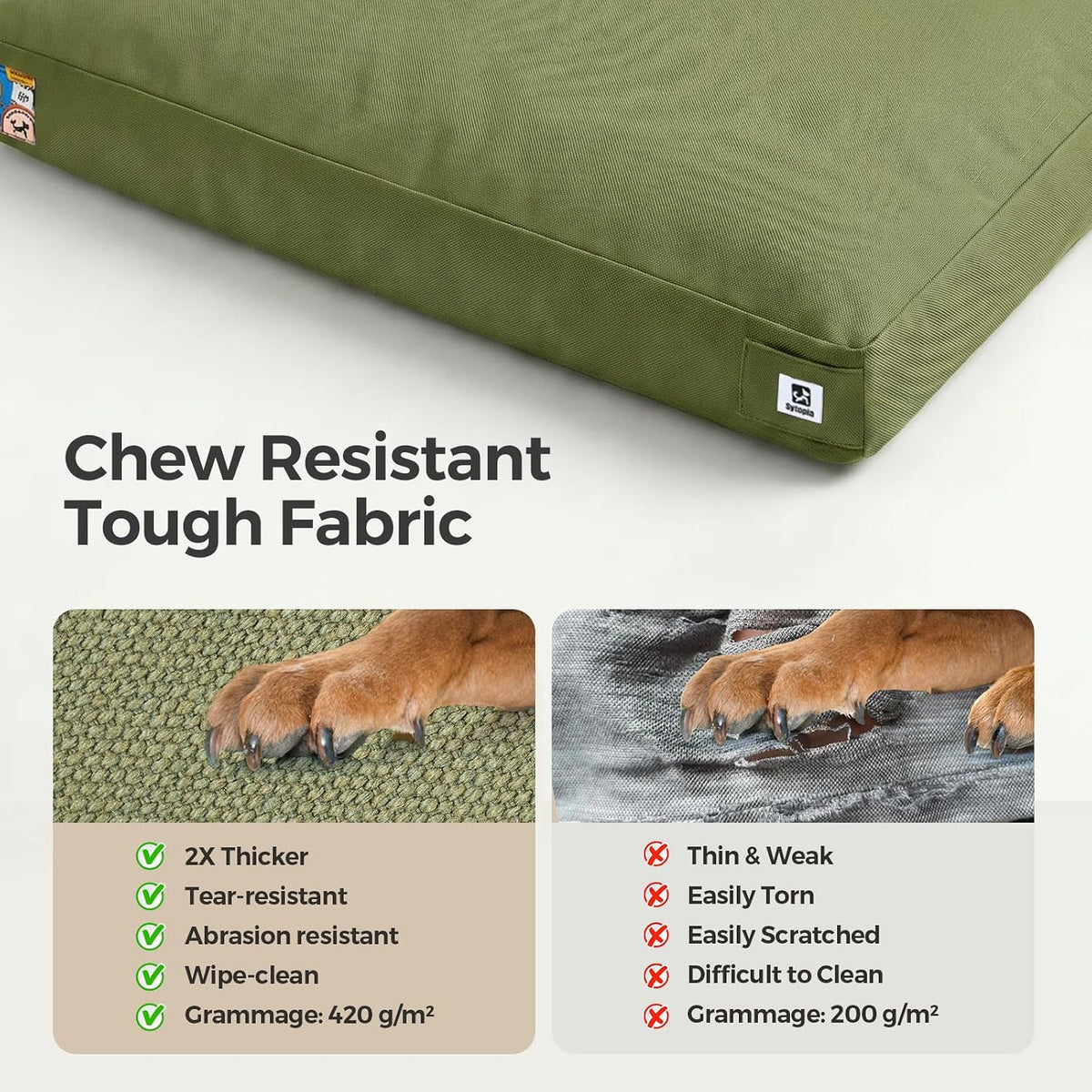 Sytopia 36 Inch Canvas Indestructible Dog Bed for Aggressive Chewers, Durable Chew Proof Dog Bed with Waterproof Machine Washable Removable Cover, Indoor Patio Pet Pad for Crate, Green