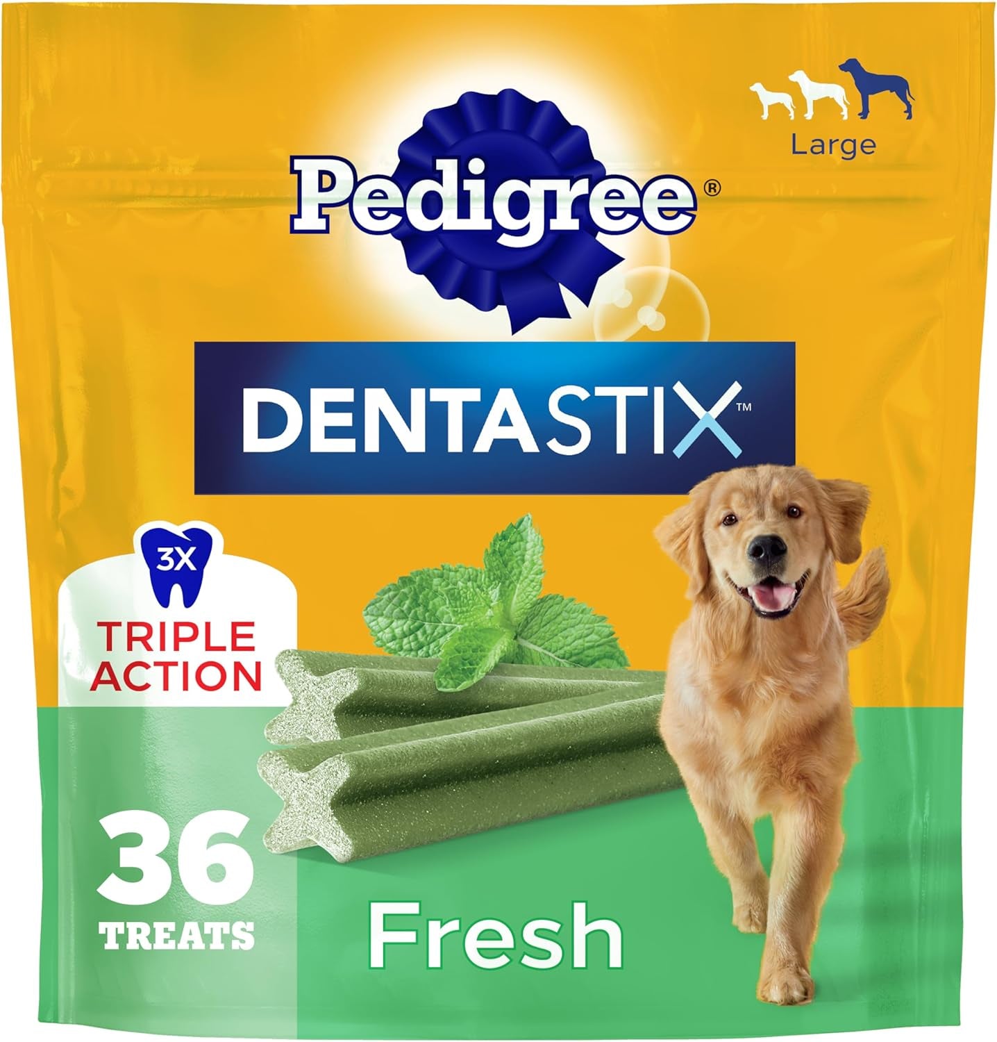 Pedigree Dentastix Dog Dental Treats, Large Breed Dog Treats, Fresh Flavor, 1.87 Lb. Bag (36 Treats Total)
