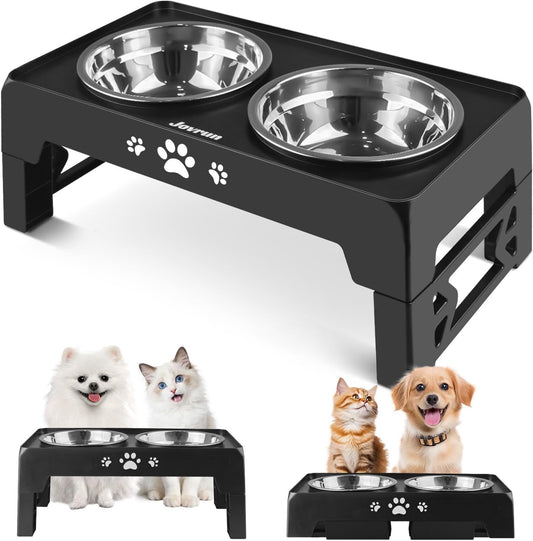 Jovrun Elevated Dog Bowls for Small Dogs and Cats, Non-Slip Cat Bowls with 2 Thick 5.5" Stainless Steel Dishes, Dog Feeder 2 Heights Adjustable to 2.6"-5.3"