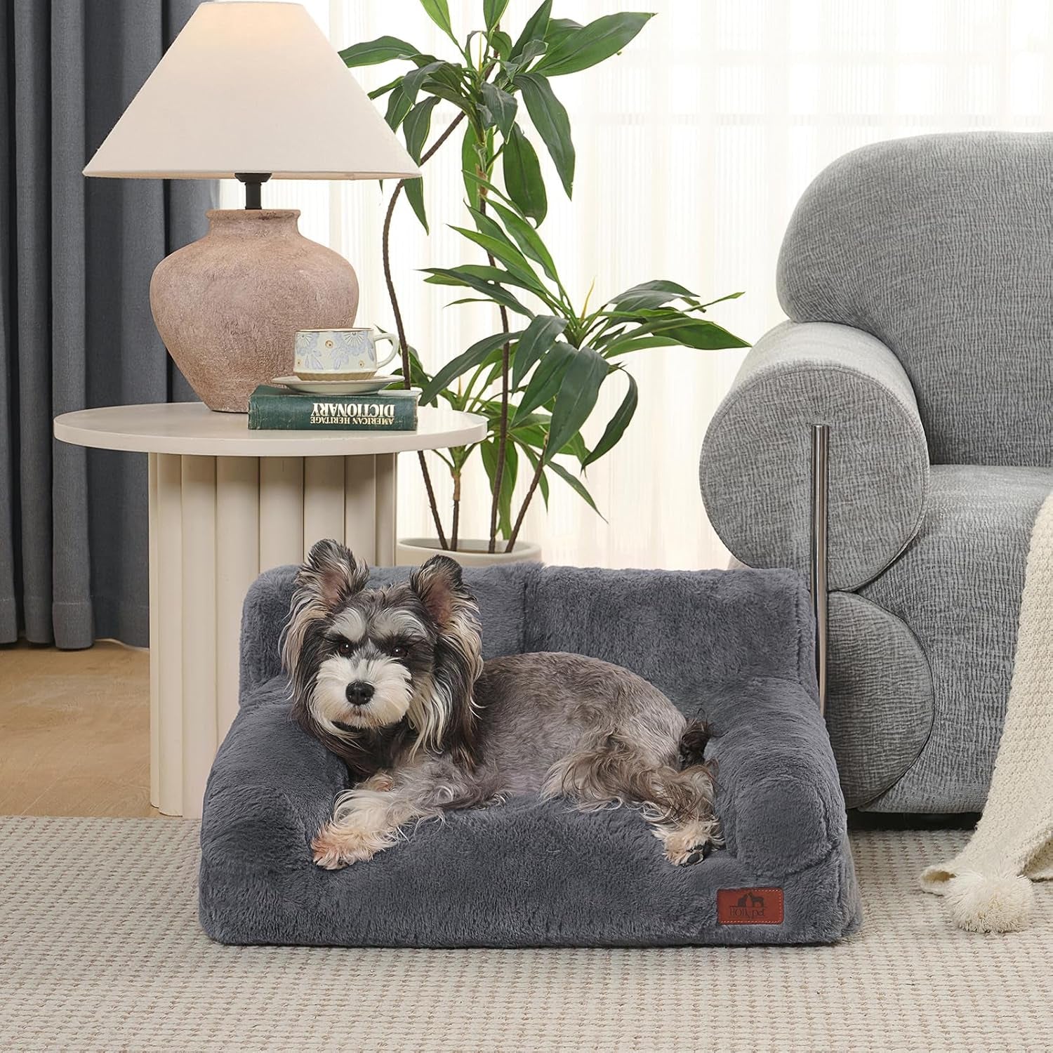 Hollypet Fluffy Dog Cat Bed Pet Couch Beds Plush Soft Warming Washable Puppy Bed for Small Medium Dogs and Large Cats, Gray, 24" L X 18" W X 10" Th