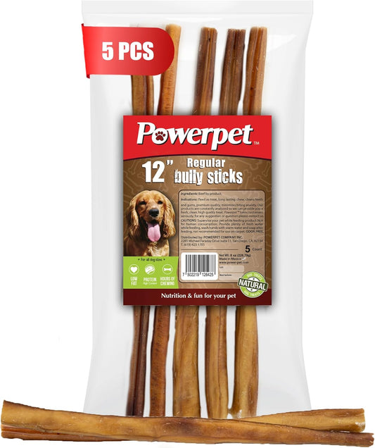 Powerpet 100% Natural Bully Stick - High Protein, Low Fat, Healthy Dog Treats, Long-Lasting Dog Chews, Easily Digestible, Cleans Teeth, Low Odor, for All Breeds & Sizes, 12" - 5 Count