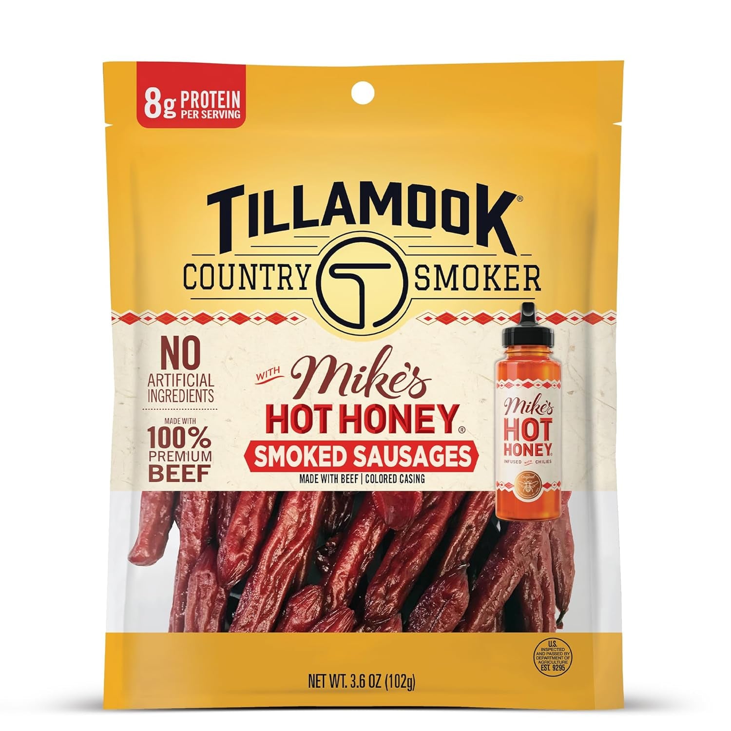 Tillamook Country Smoker 100% Premium Beef Smoked Sausage, Mike'S Hot Honey, 3.6 Ounce, Real Hardwood Smoked Sausages, Low Carb, High Protein, Ready to Eat Sweet & Spicy Snack