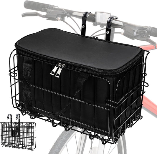 Folding Bike Basket Front/Rear with Removable Liner Bag, Large Quick Release Design Metal Ebike Bicycle Basket Cargo Rack for Adult Women/Men Carrying Dogs, Pets, Fruit & Grocery