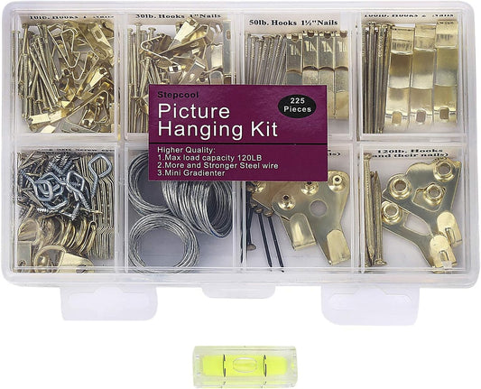 Picture Hangers, Picture Hanging Kit, 225Pcs Heavy Duty Frame Hooks Hardware with Nails, Hanging Wire, Screw Eyes, D Ring and Sawtooth for Wall Mounting