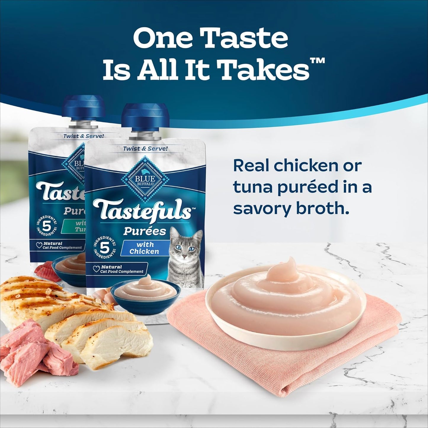 Blue Buffalo Tastefuls Purées Variety Pack, Natural Cat Food Complement, Resealable Twist Cap Pouches, Chicken and Tuna, 3-Oz (12 Count, 6 of Each Flavor)
