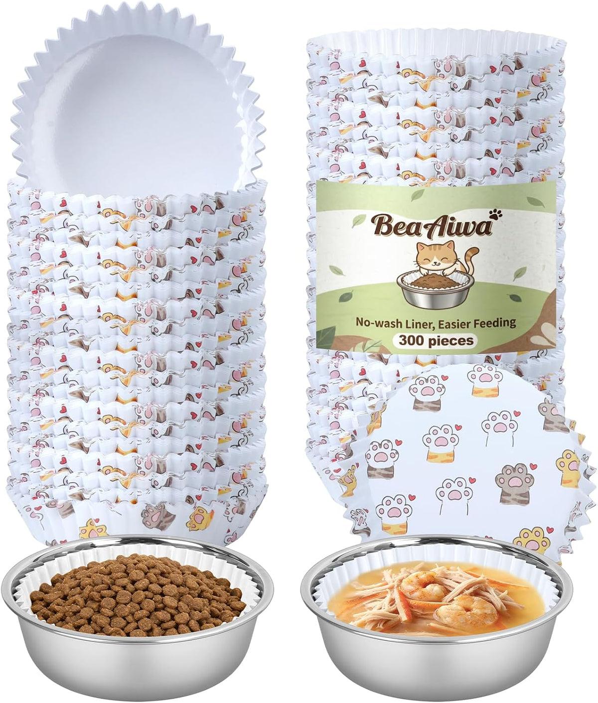 Cat Bowl Set (300 Disposable Pet Bowl Liners with 2 Stainless Steel Bowls)